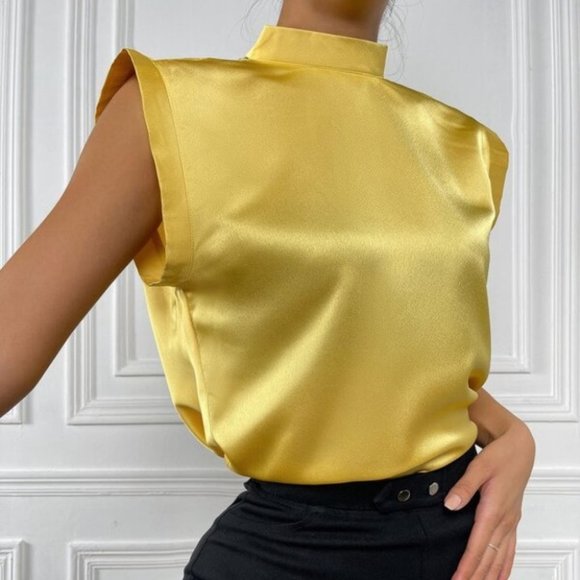 Yellow Chic Draped Back Button Detail Satin Top mi - Picture 2 of 6